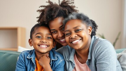 Adorable African American teenage mother hugging her daughter, both smiling happily, generation, family