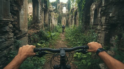 Aufkleber - A cyclist navigates a narrow path surrounded by overgrown ruins, showcasing the blending of nature and history.