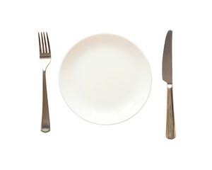 Plate, fork and knife top view. Served table