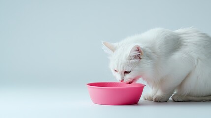 White cat drinking from a pink bowl on a light background