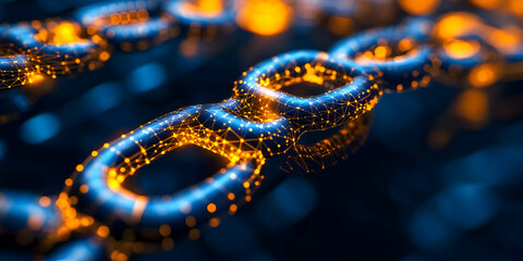 Poster - A close-up of a digital chain link with glowing elements, symbolizing blockchain technology.