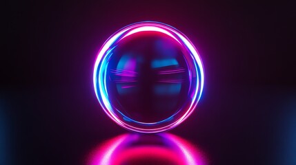 Wall Mural - a glowing pink and blue neon circle with reflection on black background.