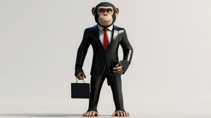 A 3D animated monkey wearing a sleek black business suit with a red tie, standing confidently, holding a briefcase, with a transparent background for versatile design use.