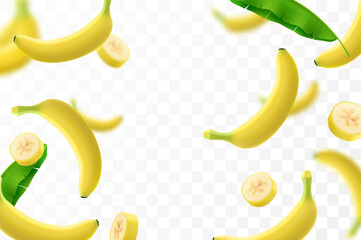 Wall Mural - banana background. flying bananas are peeled and banana bunches. unfocused and blurry effect. can be