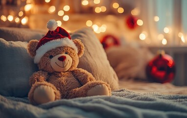 Wall Mural - A high-detail, high-resolution photo of a plush teddy bear in a festive Christmas hat, resting against fluffy pillows on a neatly made bed in a warm