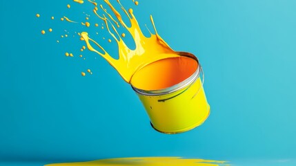 Wall Mural - Yellow paint bucket is splattered with paint, creating a splash of color. Concept of creativity and artistic expression, as the paint seems to be in motion, almost as if it's alive