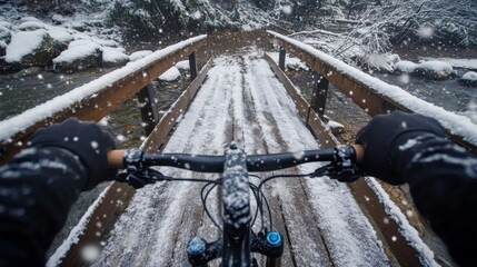 Aufkleber - Cycling on a snow-covered wooden bridge, surrounded by a tranquil winter landscape. Snow gently falls, creating a peaceful atmosphere as the rider takes in the beauty of nature while biking.