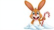 © ADD PHOTO - Joyful Cartoon Rabbit Holding Candy Cane and Hopping on Snowy Clouds