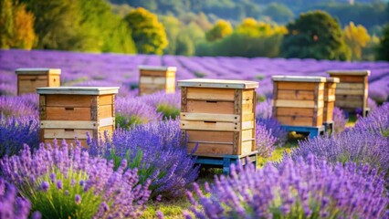 Wall Mural - Bee hives surrounded by blooming lavender field , bees, hives, lavender, nature, agriculture, farm, flowers