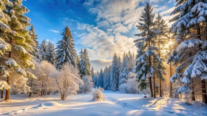 Wall Mural - Snow-covered natural forest landscape during cold winter day, snow, winter, cold, trees, forest, landscape, nature