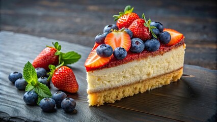 Wall Mural - Delicious slice of cake topped with fresh blueberries and strawberries, cake, dessert, sweet, slice, blueberries, strawberries