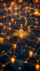 Aufkleber - A digital network visualization with glowing nodes and connections representing data flow.