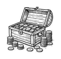 Wall Mural - wooden chest treasure gold coin engraving black and white outline