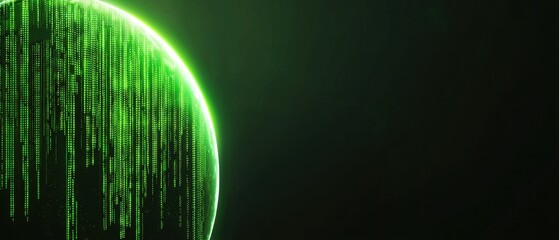 Futuristic digital globe with cascading green binary code against a dark background, symbolizing technology and data flow