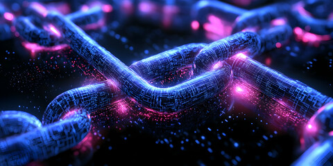 Leinwandbilder - A close-up of interconnected digital chains with glowing effects, symbolizing blockchain technology.