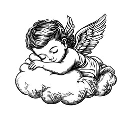 Wall Mural - little angel sleep engraving black and white outline