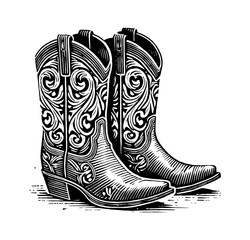 Wall Mural - pair of cowboy boots in a woodcut engraving or linocut style engraving black and white outline