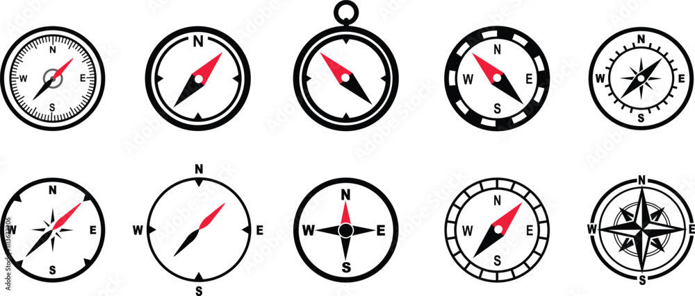 Monochrome navigational compass set with cardinal direction of North ...