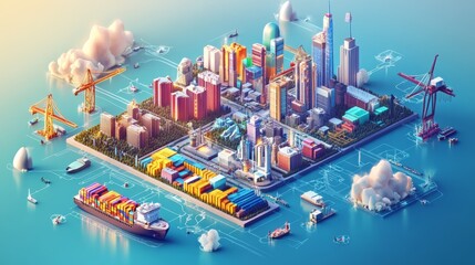 Wall Mural - A vibrant, colorful cityscape featuring skyscrapers, cranes, ships, and containers, set on water with clouds, depicting modern urban development and industry.