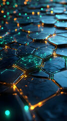 Aufkleber - A close-up view of glowing hexagonal patterns on a dark surface, suggesting a futuristic design.