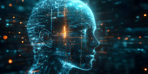 Aufkleber - Futuristic digital representation of a human head with glowing data patterns.