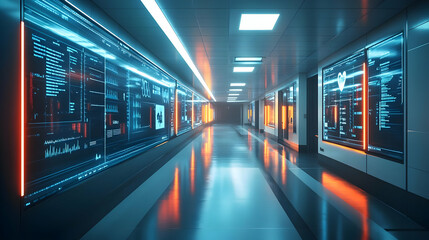 Poster - Futuristic corridor with glowing screens displaying data and analytics.