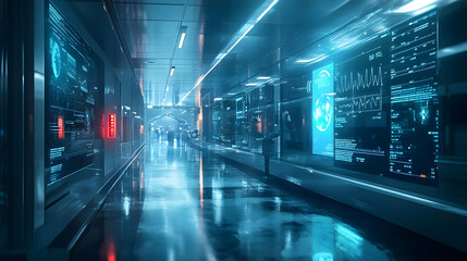 Poster - A futuristic corridor filled with digital screens and high-tech interfaces.