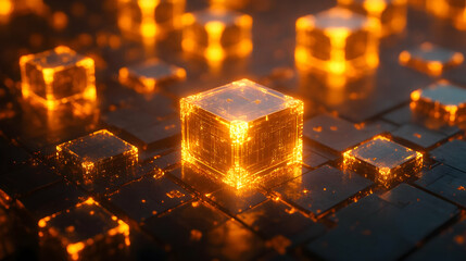 Aufkleber - A digital landscape of glowing cubes, representing data or technology.