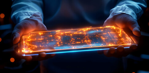 Poster - A person holding a glowing smartphone with a digital circuit design.