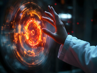 Fototapete - A hand reaches toward a glowing, futuristic interface with swirling patterns.