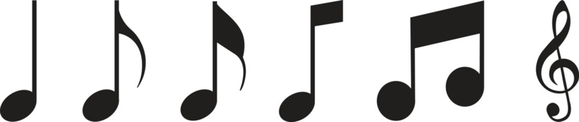 Music notes icons set. Musical key trendy style symbols design element logo template for musical apps and website. Musical notes melody vector illustration isolated on transparent background.