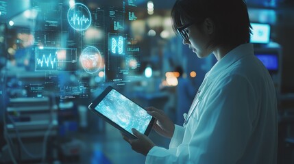 Female doctor using tablet, viewing digital medical data and charts in a hospital.