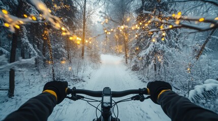Aufkleber - Riding a bike through a snow-covered forest path, with glowing lights elegantly draped on trees. The serene winter landscape is enchanting, inviting exploration during a peaceful day.