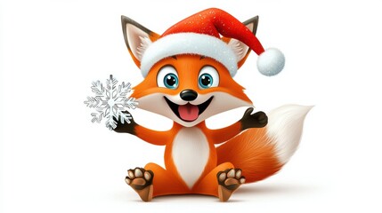 Cute Cartoon Fox Holding Snowflake in Winter Holiday Scene