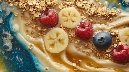 Wall Mural - A close-up of a smoothie bowl topped with granola, flaxseeds, and fresh fruits, promoting healthy eating and functional nutrition 