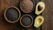 © aun - A variety of nutrient-packed functional foods, including chia seeds, avocados, and whole grains, displayed on a wooden table