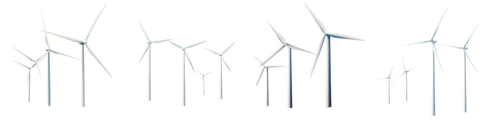 Rows of wind turbines generating clean  renewable  and eco friendly energy in a scenic rural countryside landscape  The wind turbines  with their towering propellers and blades