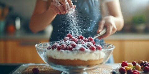 Wall Mural - A person sprinkles icing sugar over a delicious dessert topped with fresh raspberries. The scene captures a moment in cooking, showcasing the joy of baking at home. Relaxed and inviting. AI