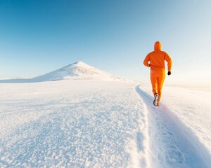 Winter Run Athlete in Vibrant Gear on Snowy Landscape