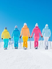 Colorful Group Skiing Adventure on Snowy Mountain