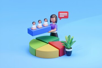 Poster - 3D illustration of a woman holding a bar chart with three figures above a pie chart