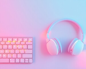 Aufkleber - Vibrant Gaming Desk Set-Up with Glowing Keyboard and Headset in Neon Pastel Tones