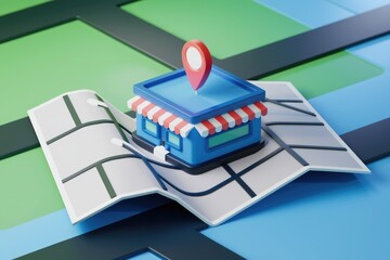 Aufkleber - A 3D illustration of a shop located on a map.