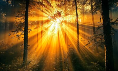 Wall Mural - golden sunlight rays piercing through a misty forest