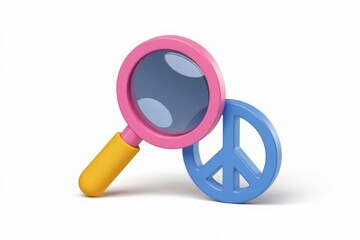 Fototapete - A pink magnifying glass searching for peace  symbolized by a blue peace sign.