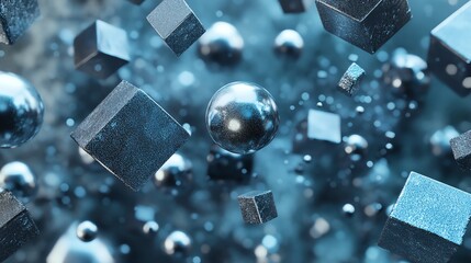 Abstract 3d background with floating cubes and spheres.