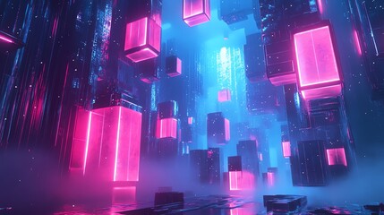 Wall Mural - a futuristic, abstract 3d illustration with glowing pink cubes floating in a blue and purple space.