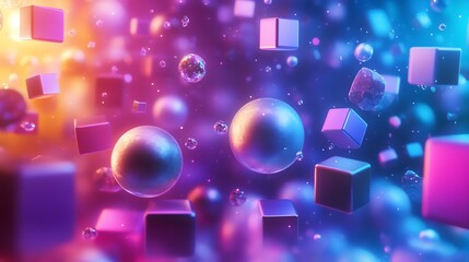 Wall Mural - abstract 3d illustration of spheres and cubes floating in neon lights.