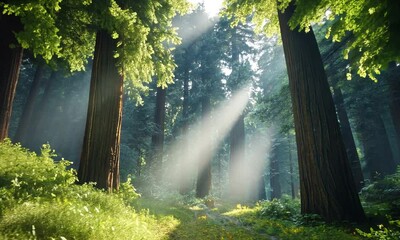 Wall Mural - sunbeams illuminate a path through a lush redwood forest