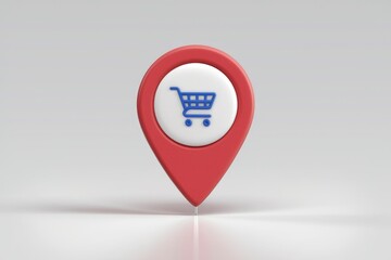 Aufkleber - Red pin with white circle and blue shopping cart icon.